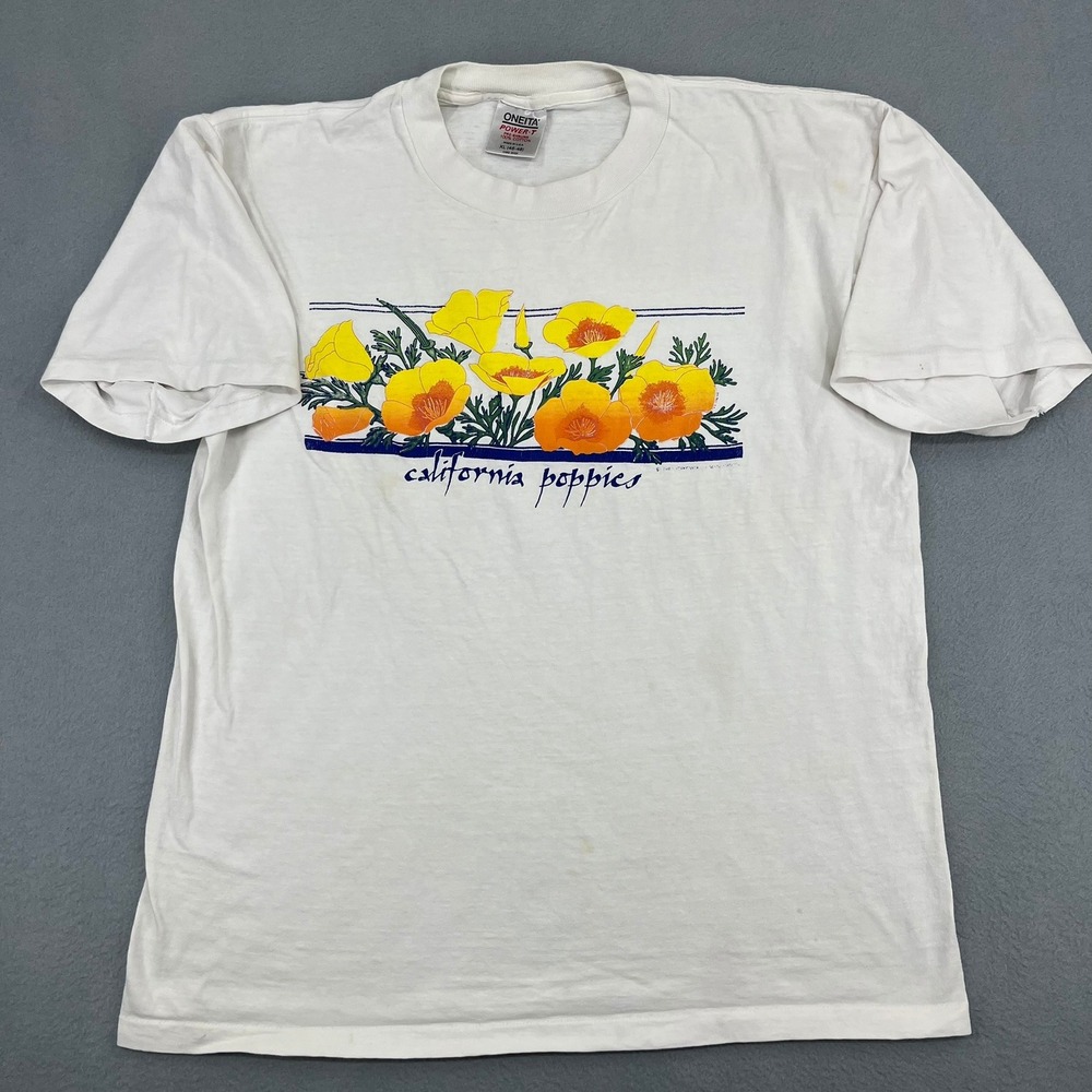 Vintage Oneita Power-T California Poppies Graphic T-Shirt White Mens XL USA Made